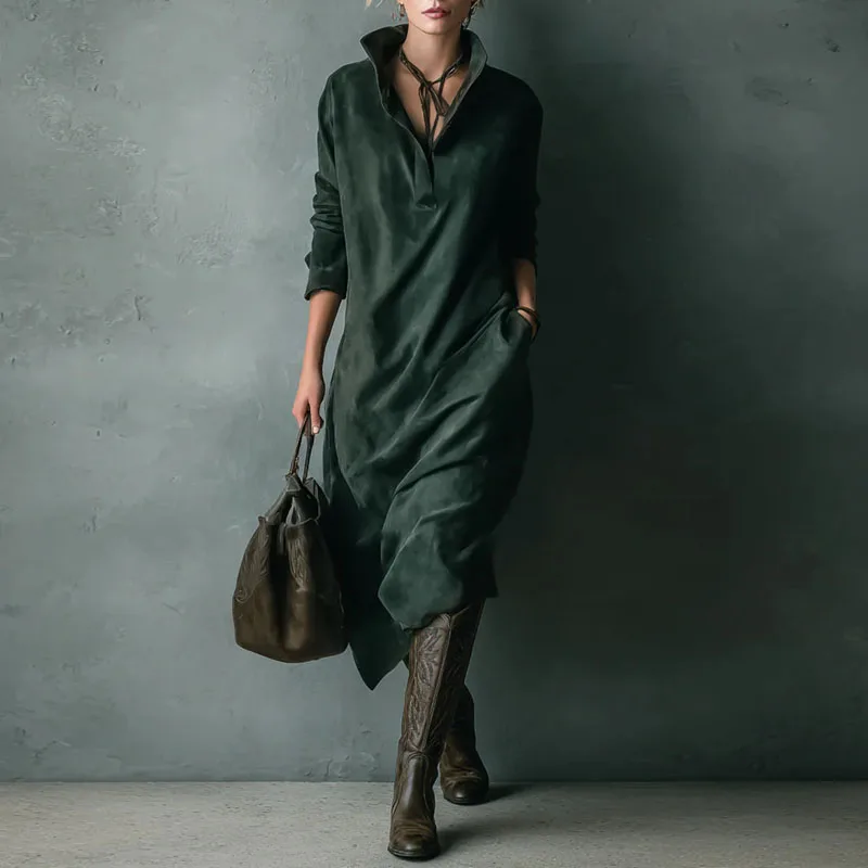 Vestido Feminino Vintage de Camurça Sólida com Colarinho Turn-Down e Botões - Pulôver de Inverno - Manga Longa - Le Vie - Image 6